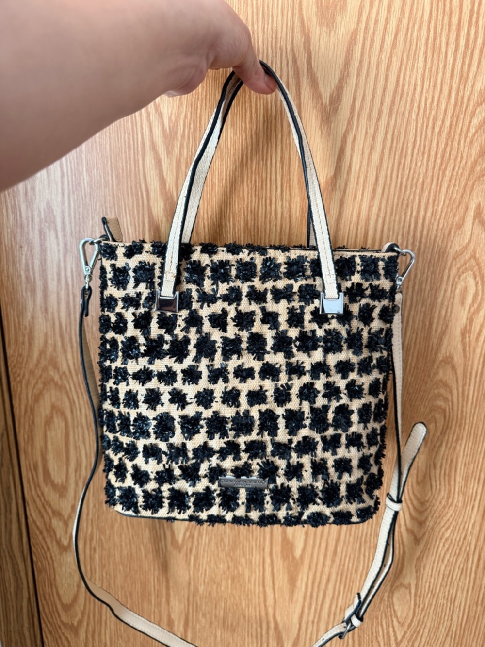 Christian Siriano Black and Cream Textured Tote with Crossbody Strap